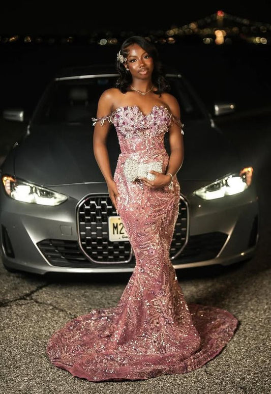 Modest Mermaid Prom Dresses For Black Women Spaghetti Straps Pink Sequin Party Gown Birthday Gowns N1535
