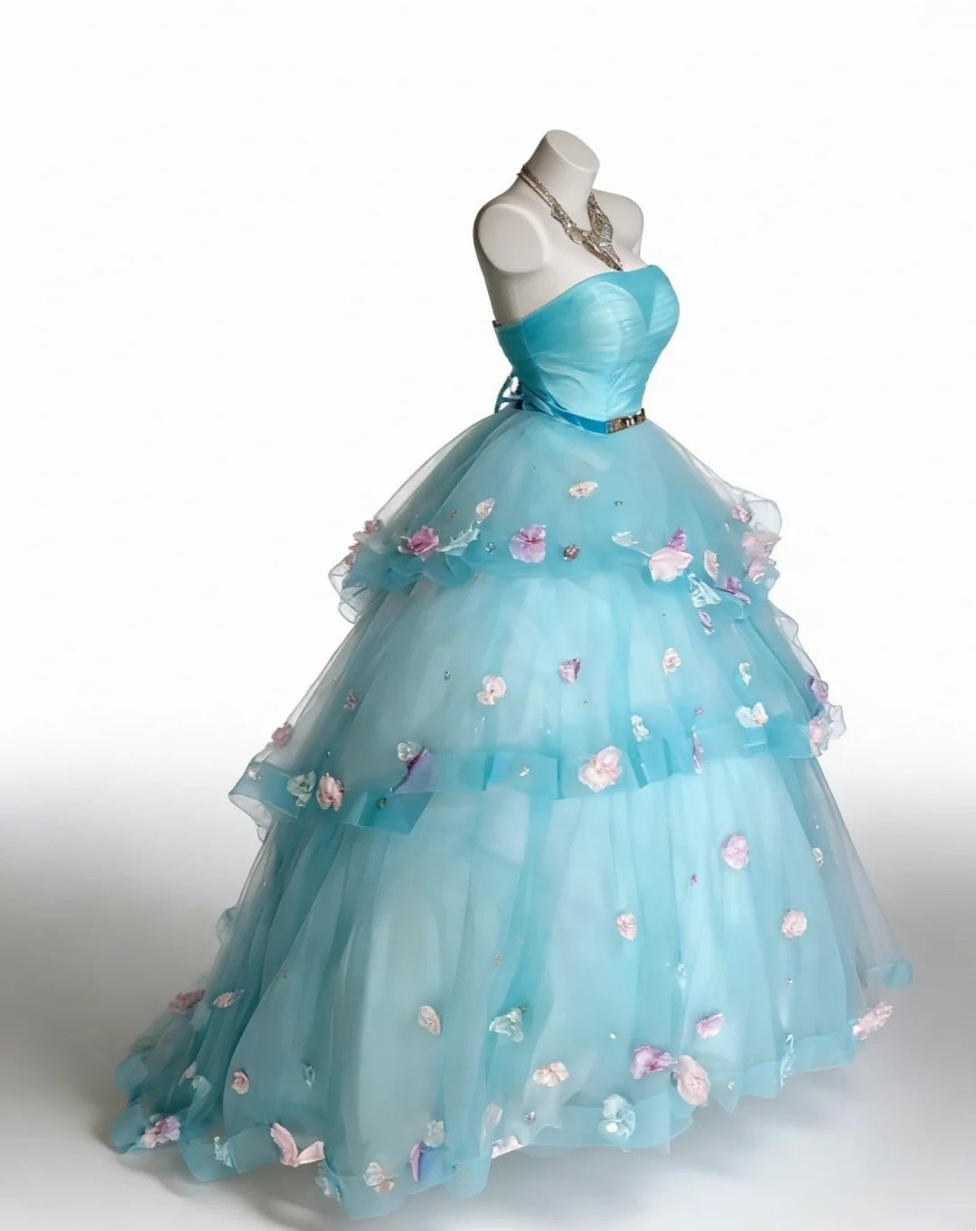 Modest Prom Dresses Ball Gown Strapless Light Sky Blue Tulle With Flowers Long Quince Dress N2969