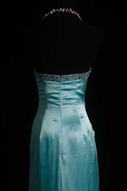 Vintage Mermaid Sweetheart Blue Satin Sleeveless Summer Formal For Women Girls Teens Prom Dresses N2247