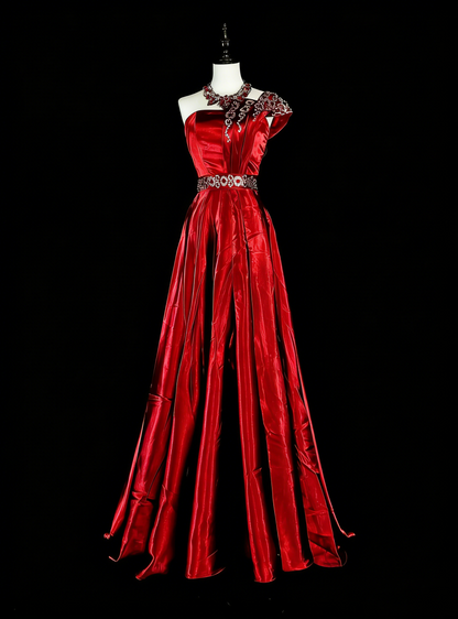 Vintage A Line One Shoulder Red With Beadings Long Prom Gown Party Wear Fashion Dresses N1825