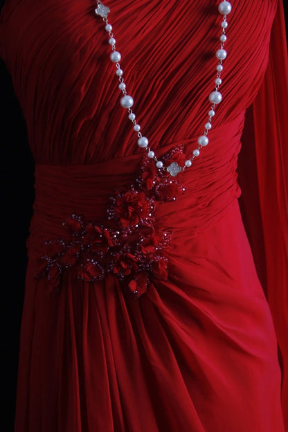 Vintage A line One Shoulder Red Chiffon Sleeveless Summer Formal For Women Girls Teens Prom Dresses N2246