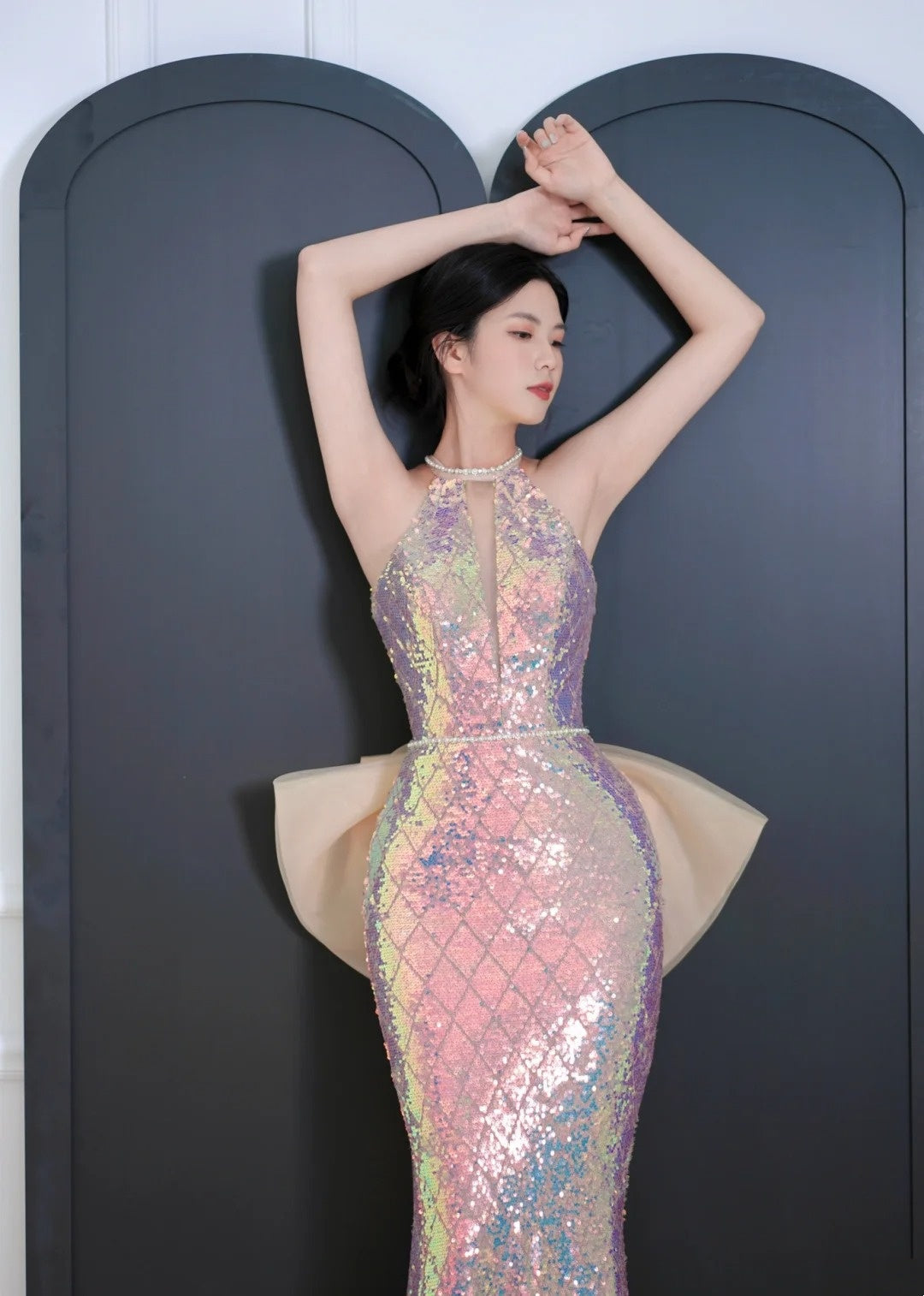 Modest Mermaid Halter Sequin Long Prom Dresses High School Teens Senior Graduation Dance Party Outfits AB2525