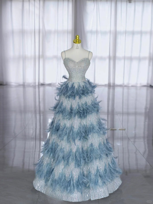 Pretty Prom Dresses Ball Gown Spaghetti Strap Silver Sequined With Feathers Long Formal Dress N2994