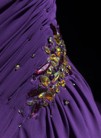 Vintage Prom Dresses A line One Shoulder Purple Chiffon 80s With Beaded Long Formal Evening Outfits N3889