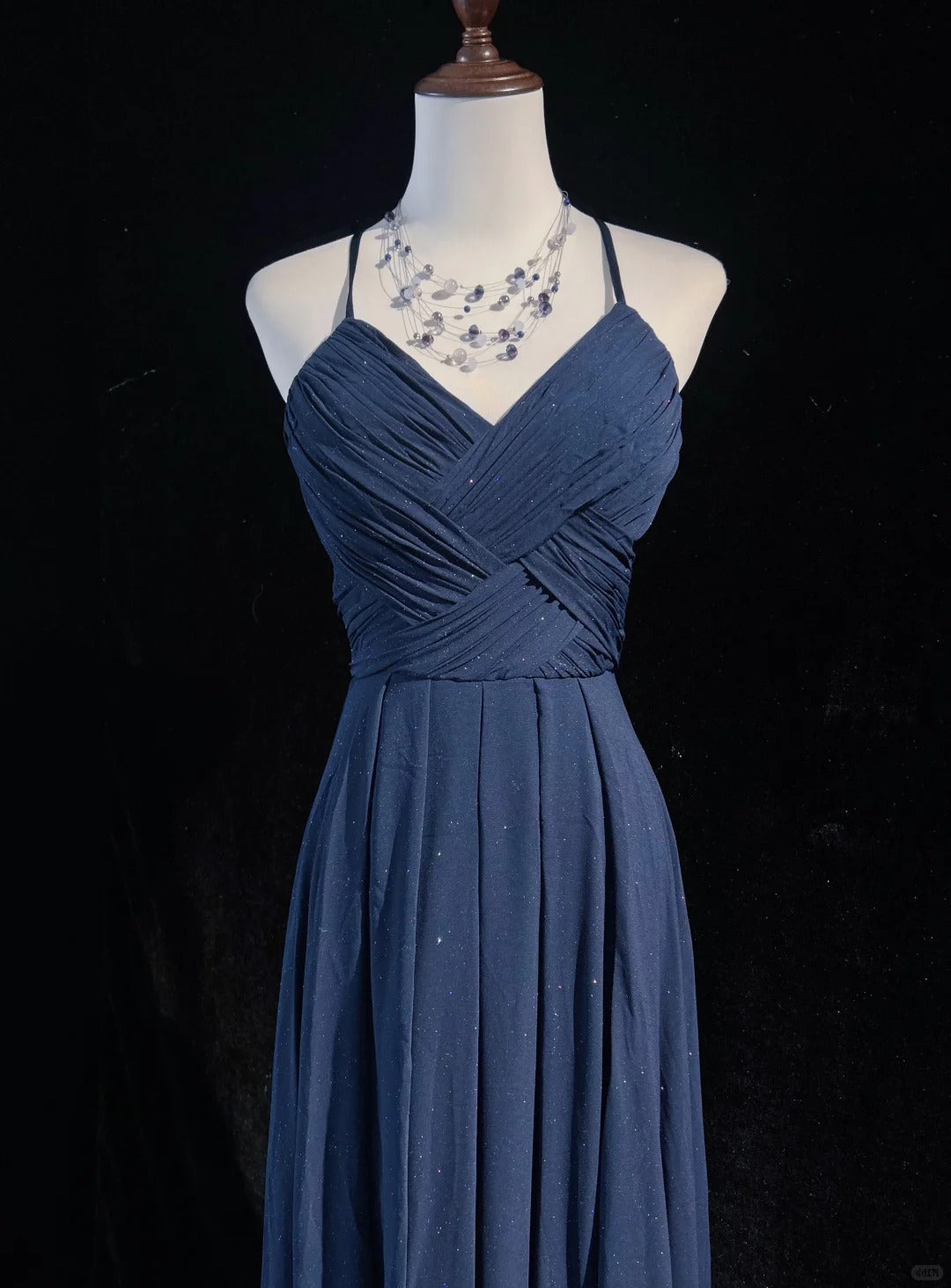 Vintage Prom Dresses 90s A line Spaghetti Strap Navy Blue Sequined Backless Long Evening Outfits N3141