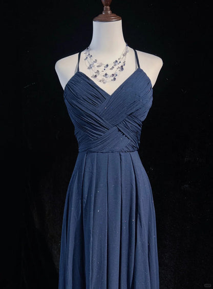 Vintage Prom Dresses 90s A line Spaghetti Strap Navy Blue Sequined Backless Long Evening Outfits N3141