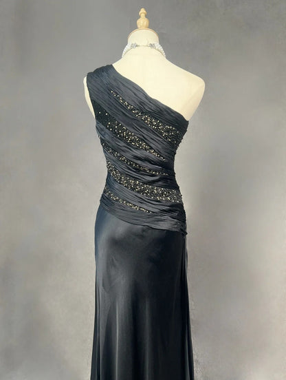 Classy Prom Dresses Mermaid One Shoulder Satin Black Tie Dress With Beaded Long Formal Evening Outfits N3704