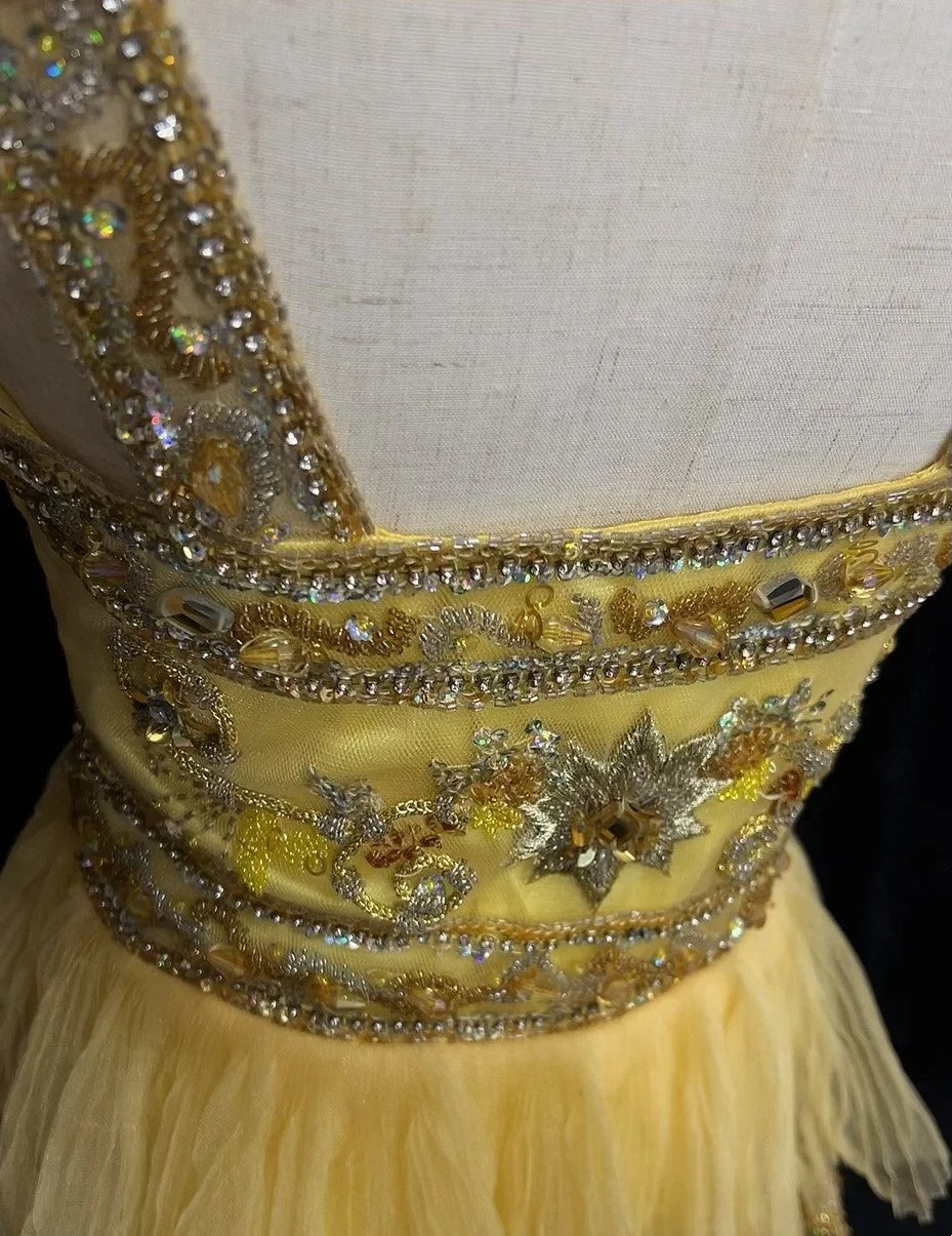 Vintage Prom Aesthetic Dresses A line Square Neck Yellow Tiered Layers With Beading Long Formal Dress N3060