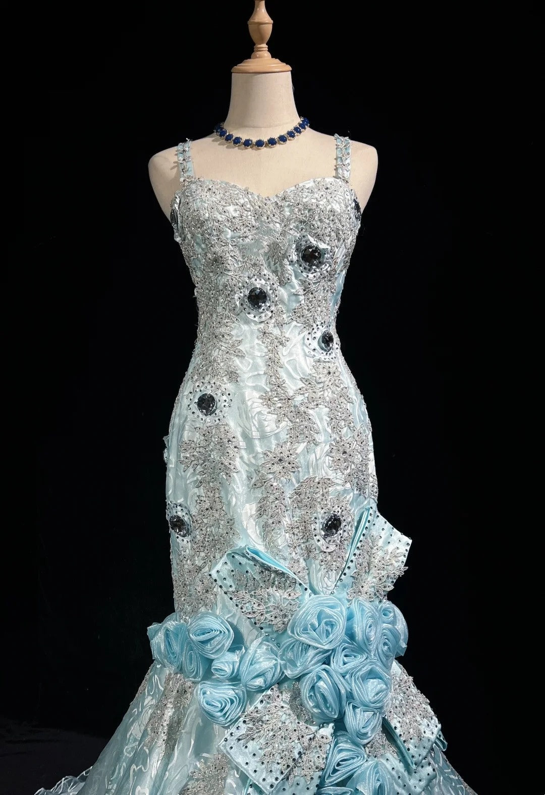Beautiful Prom Dresses Mermaid Spaghetti Strap Light Blue With Flowers Beading Long Evening Outfits N3319