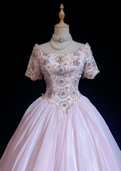 Princess Prom Dresses Ball Gown Scoop Pink Tulle Half Sleeves Evening Long Quince Dress N3285