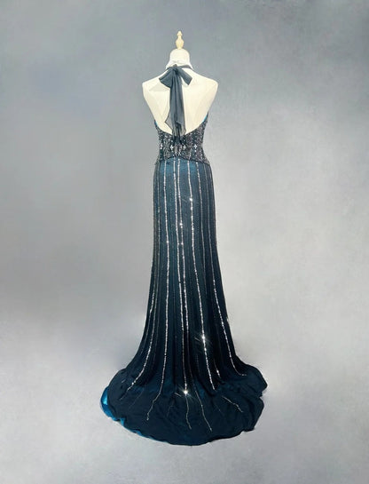 Vintage Prom Dresses 1980s Mermaid Halter Black Chiffon With Beaded Long Prom Gown N3122