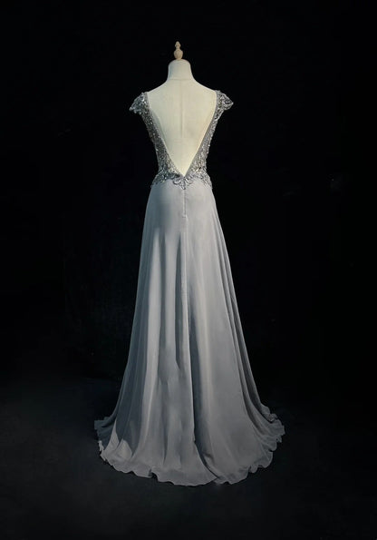 Vintage Prom Dresses 80s A Line Scoop Grey Sleeveless Chiffon With Beading Semi Formal Evening Outfits N3615