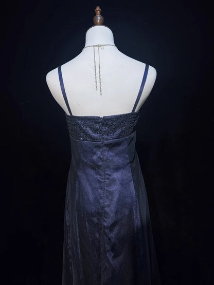 Vintage Prom Dresses A line Spaghetti Strap Navy Blue Tulle 80s With Beading Long Formal Evening Outfits N3871