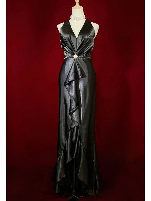 Beautiful Prom Dresses Mermaid V Neck Black Tie Dress Satin With Ruffled Bodice Long Evening Outfits N3368