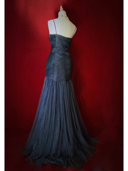 Elegant Prom Dresses Inspo Mermaid Spaghetti Strap Navy Blue Tulle With Ruffled For Women Formal Dress N3226