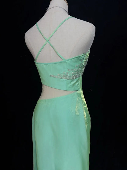Gothic Glam Prom Dresses Mermaid Spaghetti Strap Mint Green Sleeveless With Beaded Semi Formal Evening Dress N3801