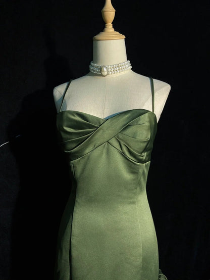 Vintage Classy Prom Dresses Mermaid Spaghetti Strap Olive Green Satin With Ruffled Evening Long Dress N3297