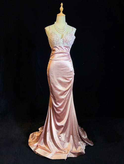 Vintage Prom Dresses Inspo Mermaid Spaghetti Strap Pink Satin With Ruffled White Lace For Women Formal Dress N3249