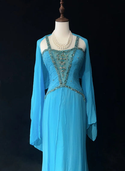 Vintage Prom Dresses A Line Halter Blue Chiffon With Beading Cape Formal Evening Outfits N3853