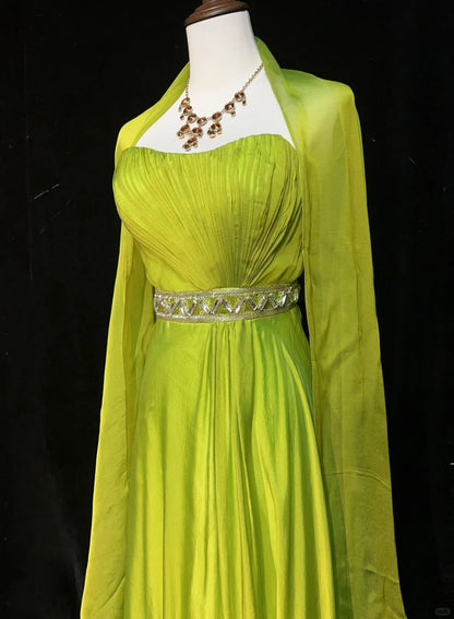 Vintage 90s Prom Dresses A Line Strapless Green Chiffon With Pleated Cape Formal Evening Outfits N3852
