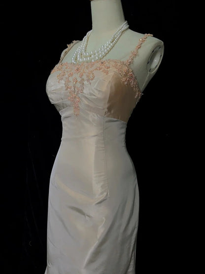 Vintage Prom Dresses Inspo Mermaid Spaghetti Strap Blush Pink Satin With Backless Appliqued Lace For Women Formal Dress N3251