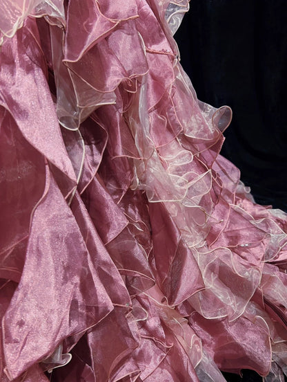 Princess Prom Dresses Ball Gown Strapless Pink Tulle Tiered Layers Evening Long Quince Dress N3286