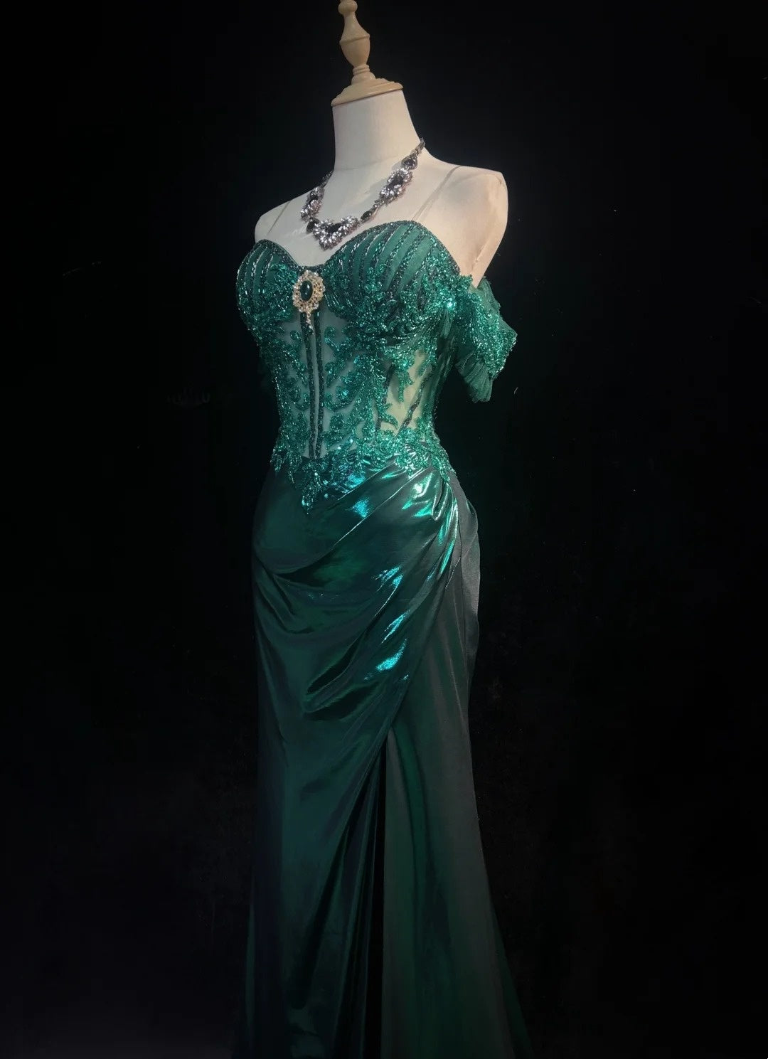 Modest Prom Dresses Inspo Mermaid Off The Shoulder Dark Emerald Green Slit Lace 80s Long Formal Gowns N3389