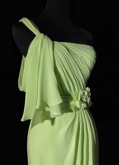 Beautiful Prom Dresses A line One Shoulder Chiffon Green With Ruffled Long Evening Outfits N3383
