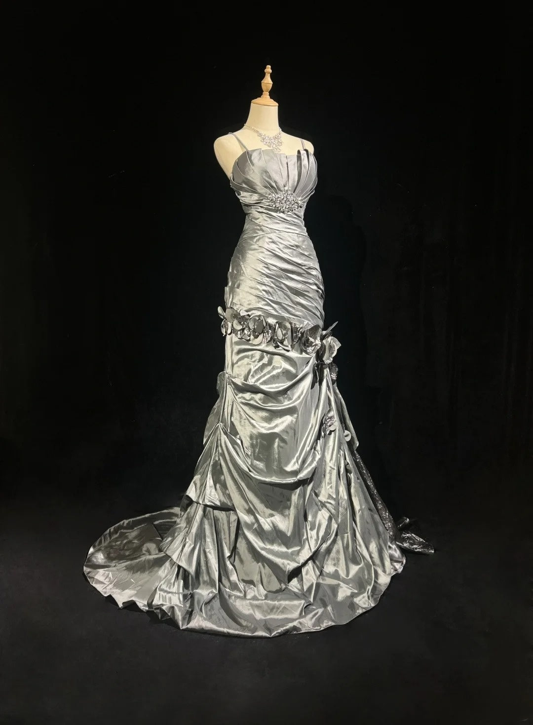 Beautiful Prom Dresses Mermaid Spaghetti Strap Silver Gray With Flowers Long Formal Evening Outfits N3684