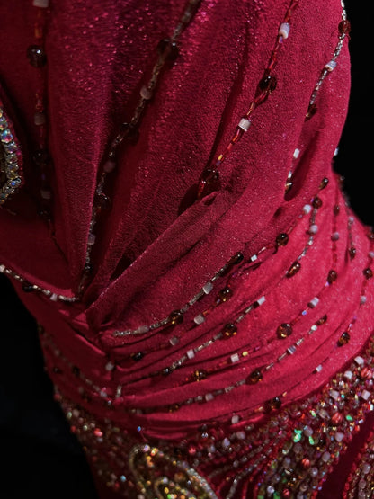 Modest Prom Dresses Mermaid Halter Burgundy Chiffon With Beading Long Formal Evening Dress N3877