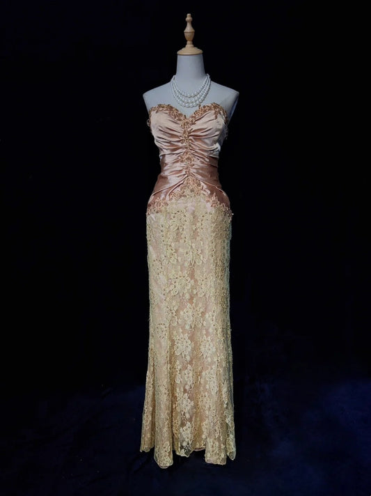 Glamour Prom Dresses Mermaid Strapless Blush Pink Satin Gold Lace With Beading Formal Evening Outfits N3835