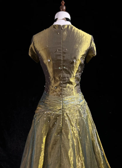 Vintage Prom Dresses Ball Gown Square Neck Olive Green 80s With Beading Long Formal Evening Outfits N3873