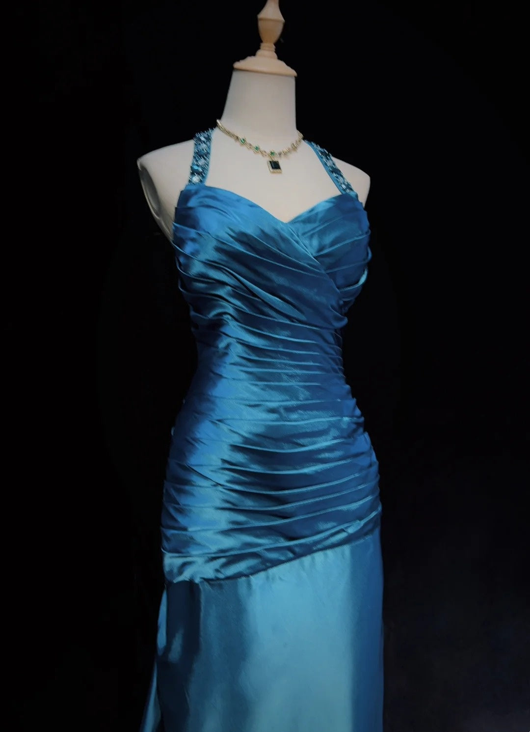 Vintage Prom Dresses Inspo Mermaid Halter Blue Satin Long 1990s With Pleated Formal Gowns N3356