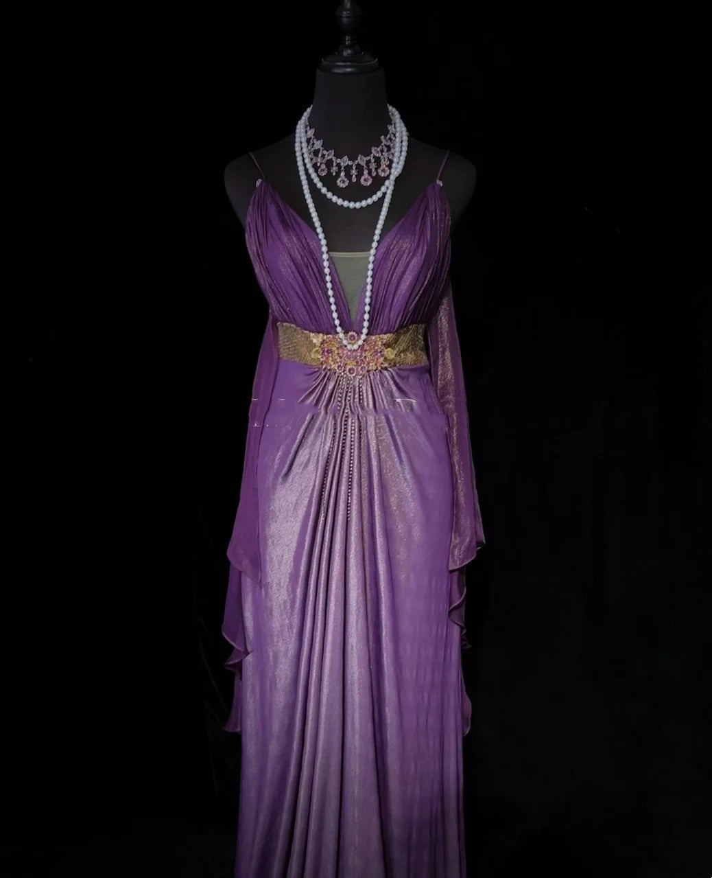 Charming Prom Dresses A line Spaghetti Strap Purple Chiffon With Cape Long Formal Evening Dress N3897