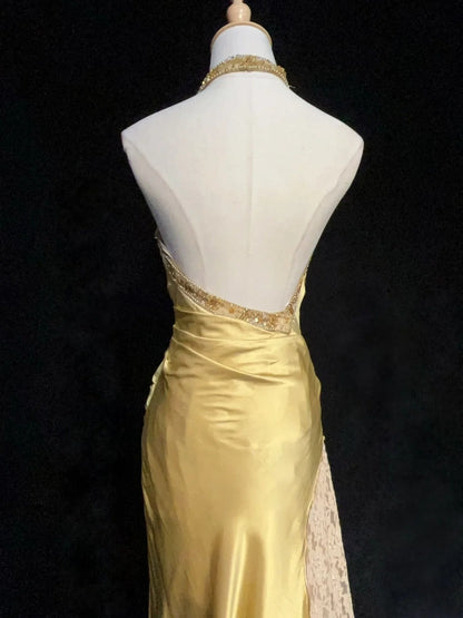 Modest Prom Dresses Mermaid Halter Gold Satin With Beading Lace Long Formal Evening Dress N3865