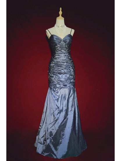 Modest Prom Dresses Mermaid Spaghetti Strap Dark Navy Blue Sleeveless Long Formal Evening Outfits N3626