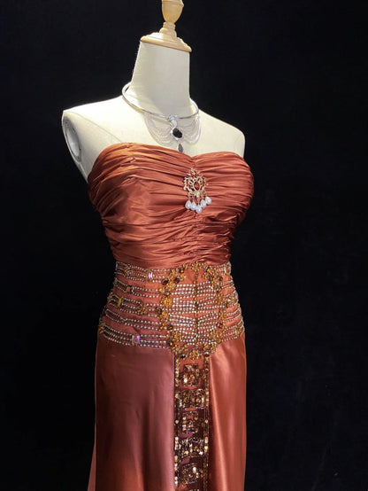 Elegant Prom Dresses Mermaid Strapless Chiffon Ruffled Beaded Jacket Floor Length Formal Evening Outfits N3489