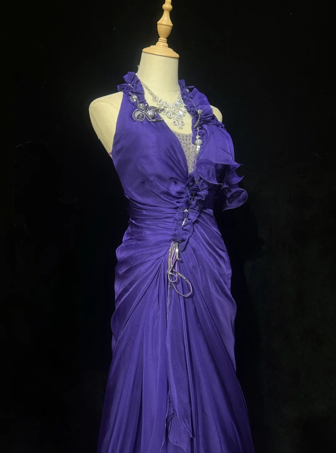 Vintage Prom Dresses 1960s Mermaid V Neck Purple Chiffon With Ruffled Long Prom Gown N3110