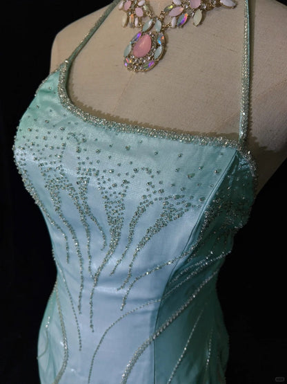 Vintage Prom Dresses 80s Mermaid Halter Blue Sleeveless With Cape Beading Semi Formal Evening Outfits N3616