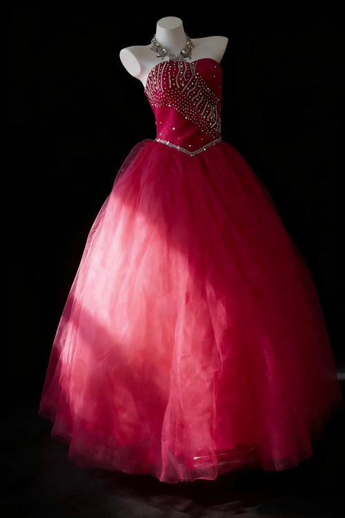 Modest Prom Dresses Ball Gown Strapless Hot Pink Tulle With Beads Long Formal Dress N2956