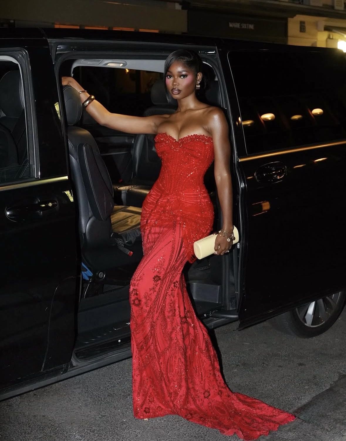 Glitter Mermaid Sweetheart Red Sequin With Beaded For Black Girls Women Long Formal Prom Evening Dress Dinner Outfits Party Gowns AB2092