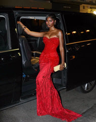 Glitter Mermaid Sweetheart Red Sequin With Beaded For Black Girls Women Long Formal Prom Evening Dress Dinner Outfits Party Gowns AB2092