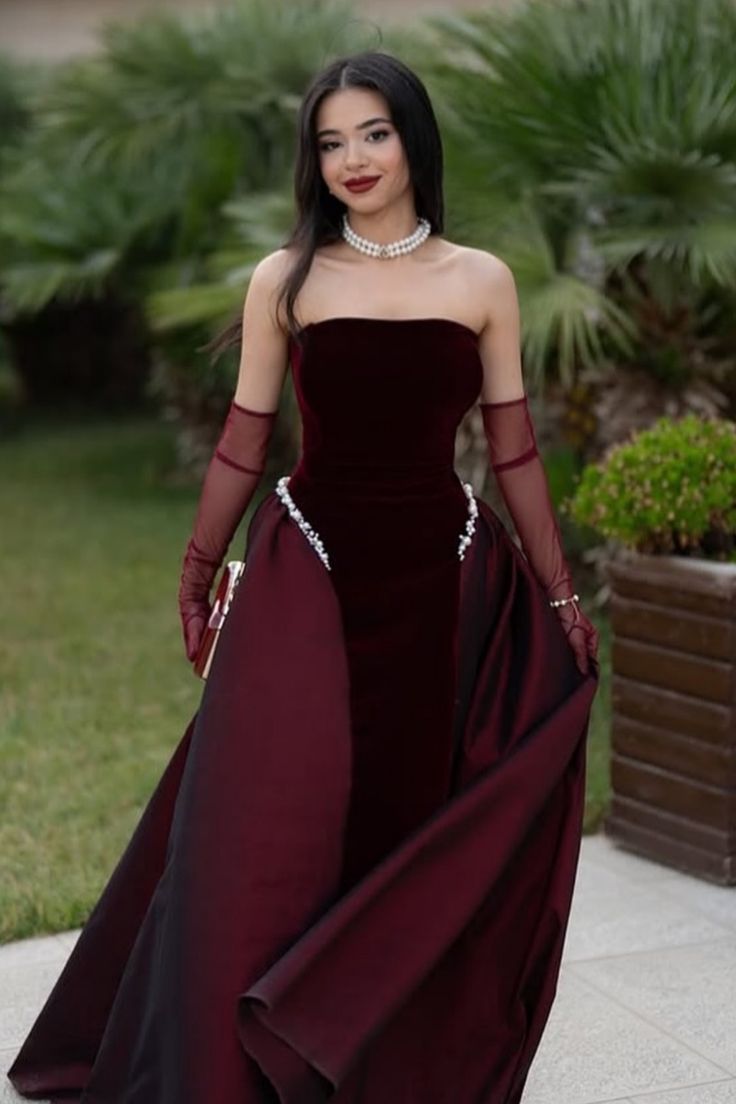 Elegant A line Strapless Burgundy Velvet With Beads Winter Long Formal Ideas Prom Evening Dress Dinner Outfits Party Gowns For Women AB2091