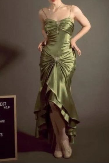 Elegant Spaghetti Strap Mermaid Satin Dark Green Long Prom Dress Gorgeous Evening Dress N1782