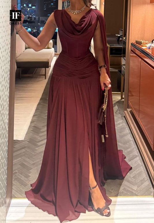 Scoop-Neck Off-Shoulder Sleeveless Pleated Chiffon Floor-Length A-Line Prom Dress N2354