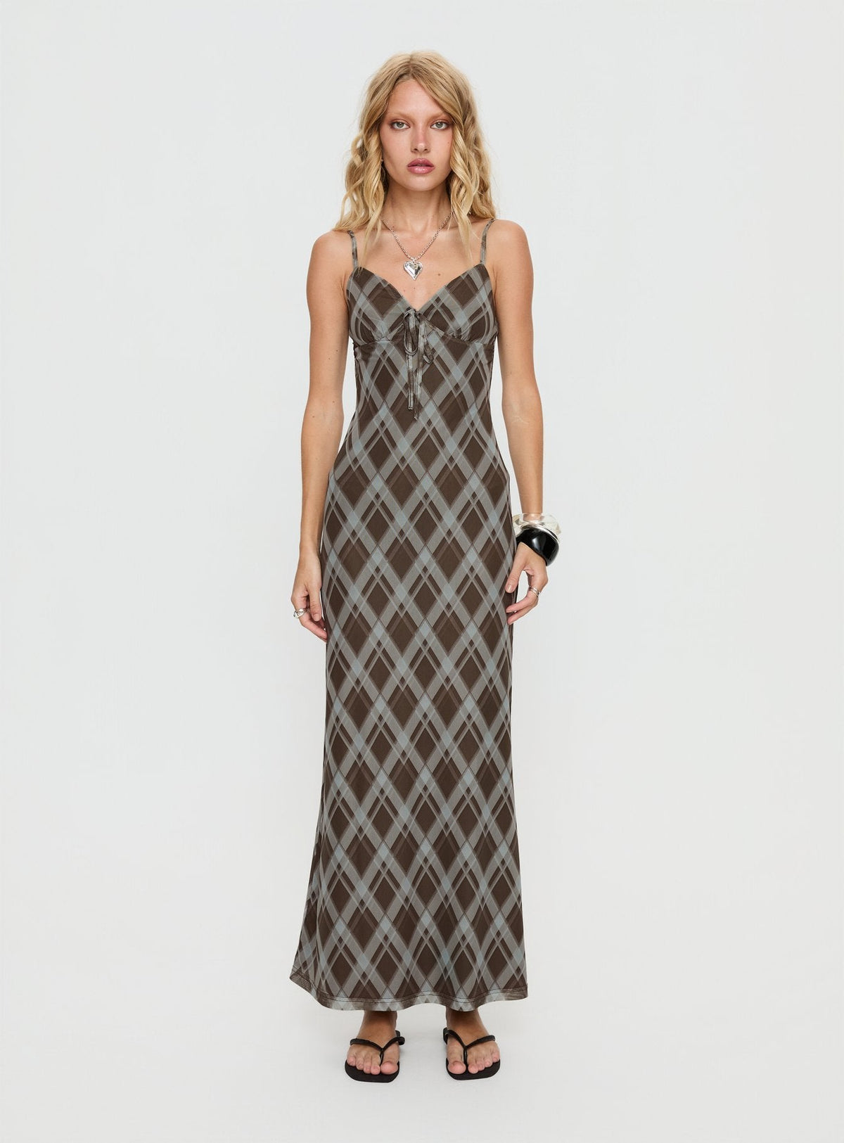 Idaline V Neck Maxi Dress Brown Check