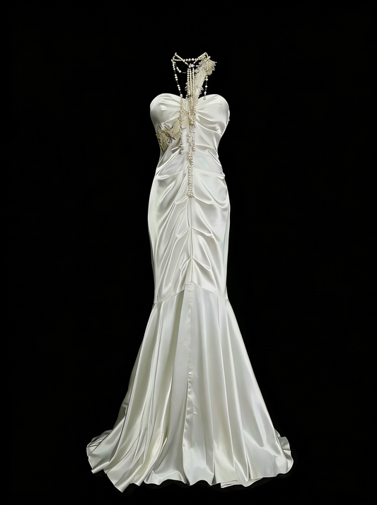 Vintage Mermaid One Shoulder White Backless Summer Formal For Women Girls Teens Prom Dresses N2236