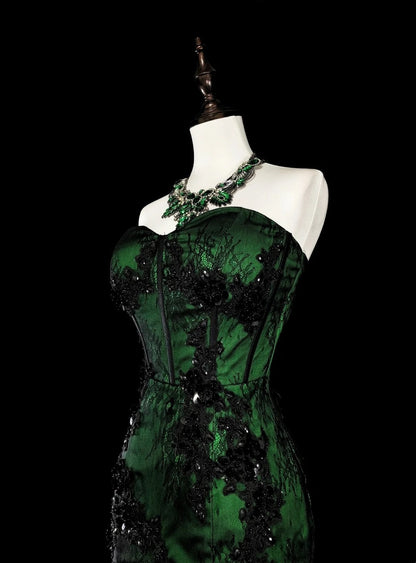 Modest Mermaid Sweetheart Black Tulle Green Satin With Appliques Long Prom Gown Party Wear Dresses N1848