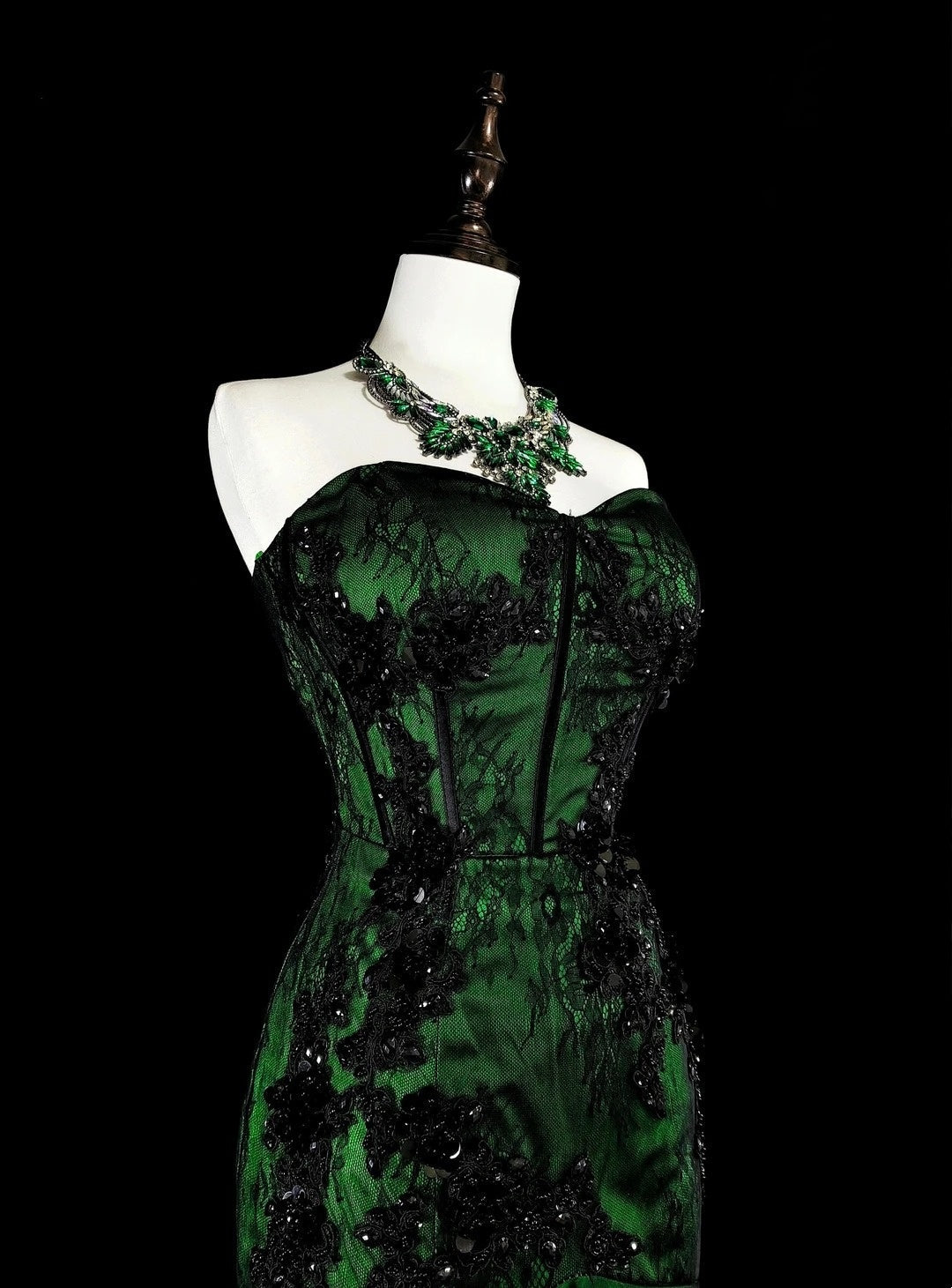 Modest Mermaid Sweetheart Black Tulle Green Satin With Appliques Long Prom Gown Party Wear Dresses N1848