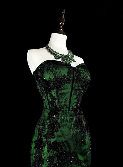 Modest Mermaid Sweetheart Black Tulle Green Satin With Appliques Long Prom Gown Party Wear Dresses N1848